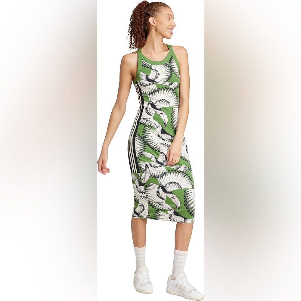 NWT Adidas x Farm Rio Jersey Farm Midi Dress in Cream White and Crew Green - Picture 3 of 11